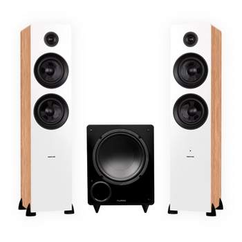 Fluance Ai81 Powered Floorstanding Speakers (Bamboo), DB10 10" Powered Subwoofer (Black), 15ft RCA Subwoofer Cable