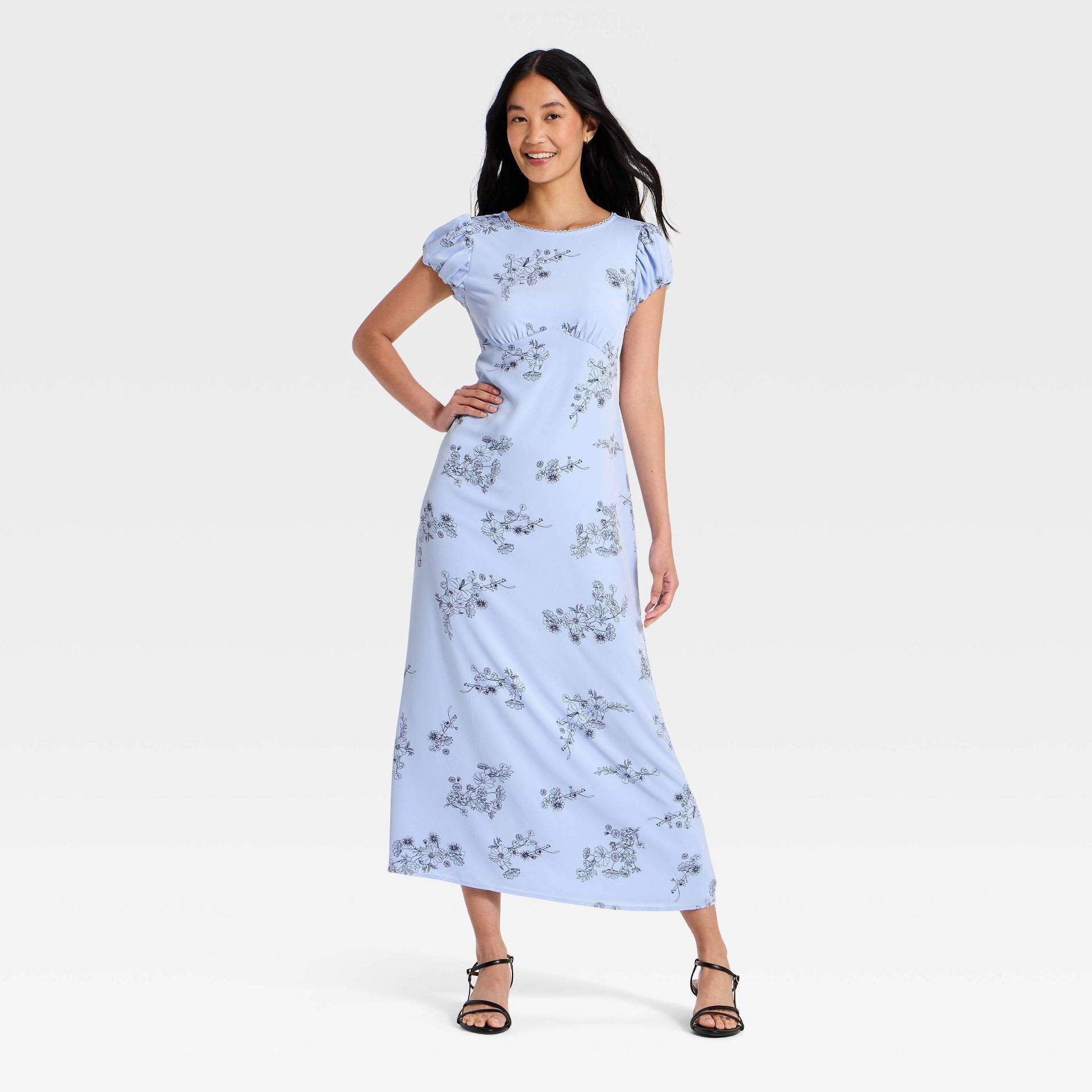 Women's Puff Short Sleeve Floral Maxi Dress - A New Day™ Light Blue S