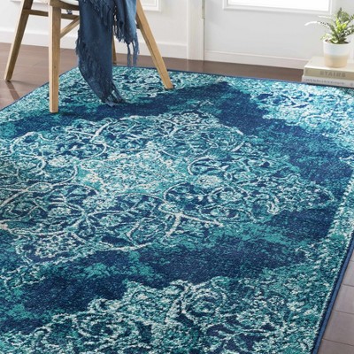 Teal and Navy Rectangular Medium Pile Area Rug