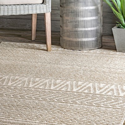 Beige Bohemian Striped Easy-Care Indoor/Outdoor Area Rug