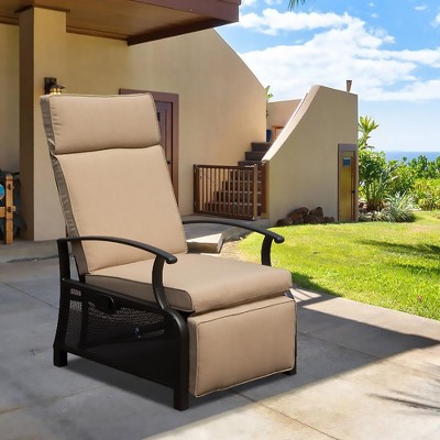 DOMETOUR Adjustable Patio Recliner Chair with Flip Table, Push Back, Removable Cushions, Supports 350lbs, Beige