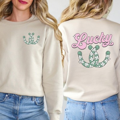 Simply Sage Market Women's Graphic Sweatshirt Lucky Horseshoes Front and Back