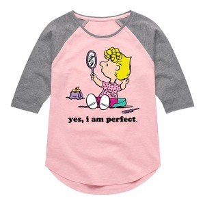 Girls' - Peanuts - Yes I Am Perfect Sally Shirt Tail Raglan Graphic T-shirt - 1 of 4