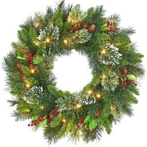 24" Pre-Lit Artificial Christmas Wreath, Frosted Pine Cone & Berry Decor for Front Door - 1 of 4