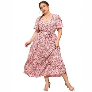 BLUEMING Summer Maxi Dress for Plus Size Women Tie Wasit Surplice Dress Flutter Sleeve A-Line Dress - 1 of 4