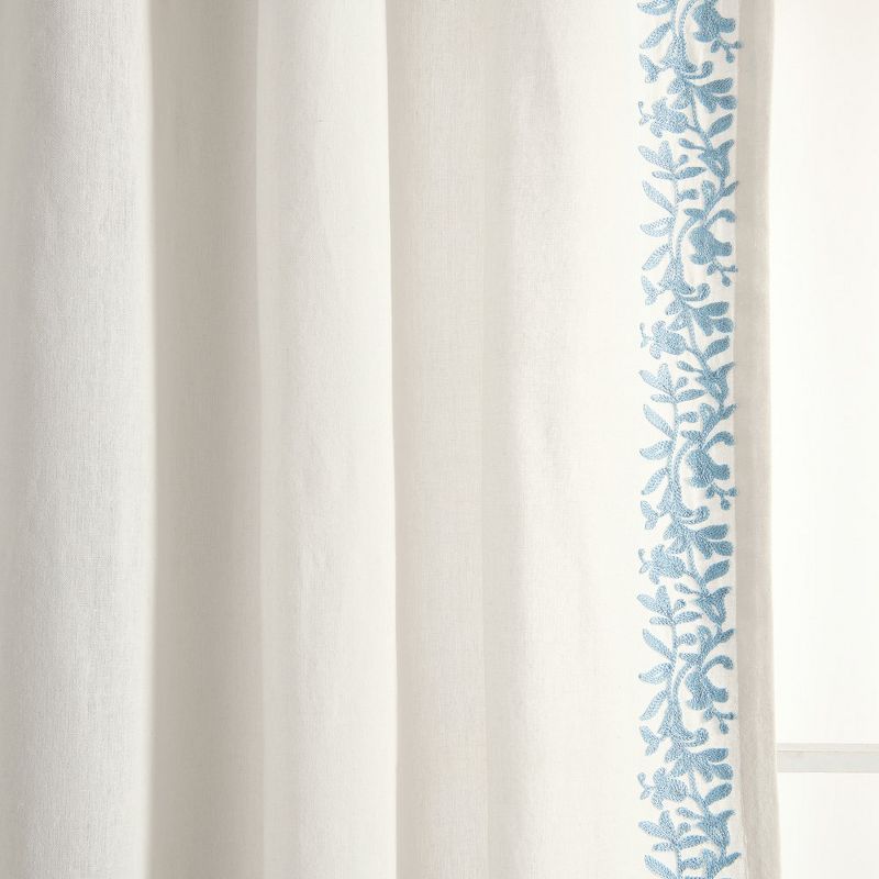 Luxury Modern Flower Linen Like Embroidery Border Window Curtain Panel Off White/Blue Single 52X84, 3 of 7