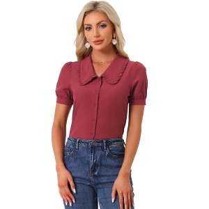 INSPIRE CHIC Women's Peter Pan Collar Puff Short Sleeve Button Cuff Elegant Blouse - 1 of 4