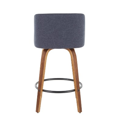 Walnut and Blue Mid-Century Modern Swivel Counter Stools, Set of 2
