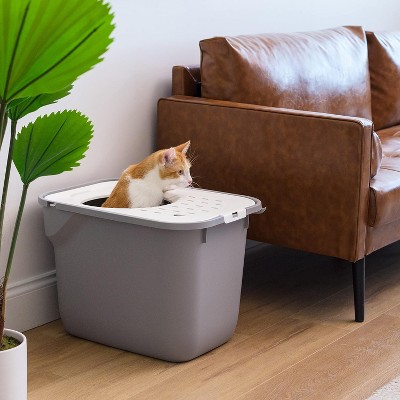 Gray and White Top Entry Cat Litter Box with Scoop