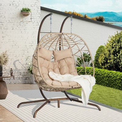 Hanging Wicker Woven 2 Person Egg Swing Chair With Cushions And Stand,Indoor Outdoor Wicker Basket Hammock Chair For Patio,Bedroom-Coolbibila