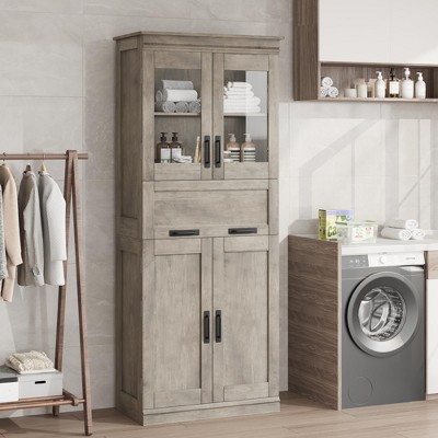 67" Tall Bathroom Storage Cabinet with Glass Doors, Adjustable Shelves, Drawer, Freestanding Tall Cabinet Modern Cupboard