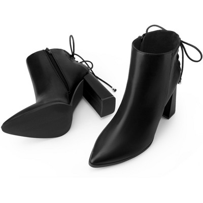 BLISSFUL STEP Women's Pointed Toe Chunky Heel Back Lace Up Ankle Booties