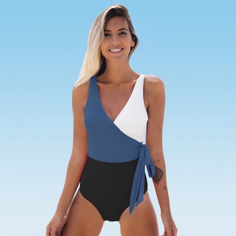 Black White Colorblock Ribbed One Shoulder Tie Side One Piece Swimsuit