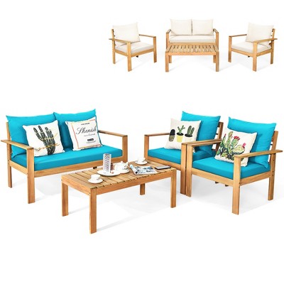 Costway Outdoor 4pcs Acacia Wood Chat Conversation Sofa 2 Sets Cushion Cover Turquoise/Red