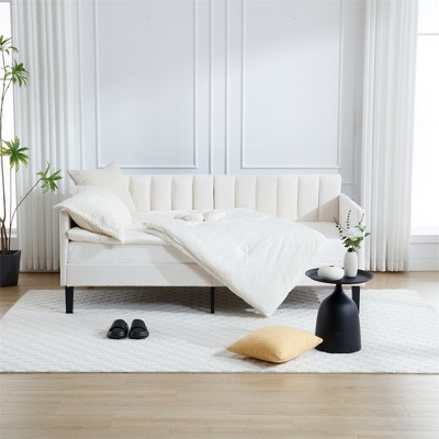 Twin Size Velvet Upholstered Daybed With Ribbed Tufted Backrest, Modern Design Daybed, Foam Comfort Bed Frame, Box Spring Not Required