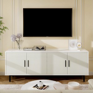 Dyonery 70 "grooved TV stand cabinet, modern TV stand in the entertainment center,control table with grooved doors and adjustable shelves,White/Black - 1 of 4