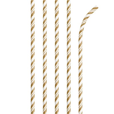 Gold and White Striped Paper Straws - 24 Pack