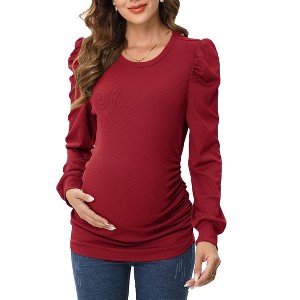 Maternity Shirts Women's Knit Ribbed Round Neck Puff Short Sleeve T-Shirt Pregnancy Casual Side Ruched Tunic Tee Tops - 1 of 4