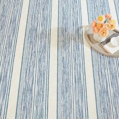 Blue and White Striped 4' x 6' Washable Synthetic Rug