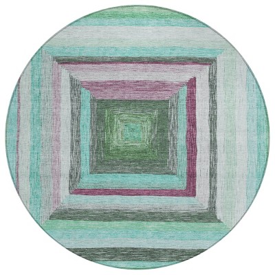HomeRoots 8' Teal Blue Mauve And Ivory Round Geometric Washable Indoor Outdoor Area Rug