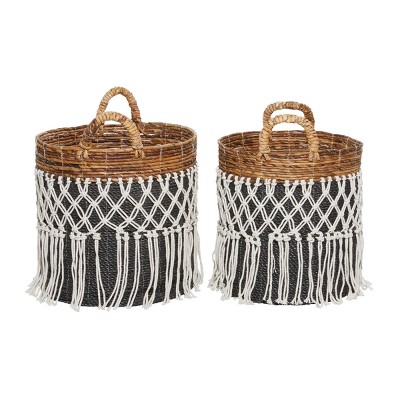 Set of 2 Black and Brown Wicker Bohemian Storage Baskets with Fringe