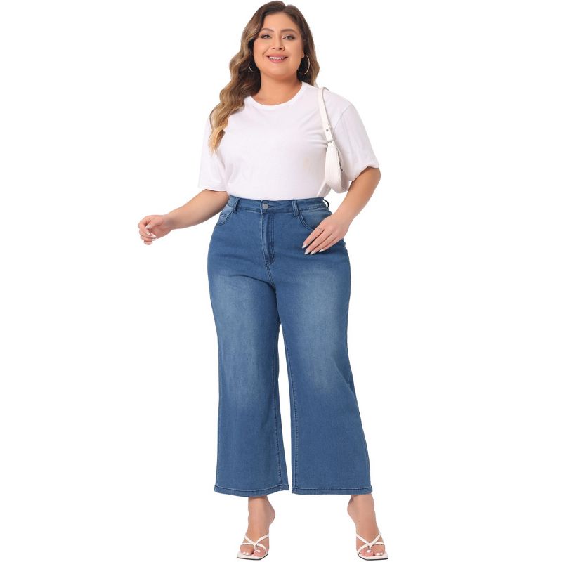 Agnes Orinda Women's Plus Size High Waist Stretchy Washed Button Casual Wide Leg Palazzo Jeans, 3 of 5