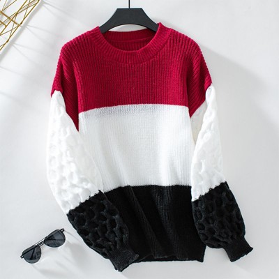 Coolmee Womens Sweaters Fall Fashion Long Sleeve Color Block Oversized Sweater Casual Crew Neck Knitted Tops Pullover