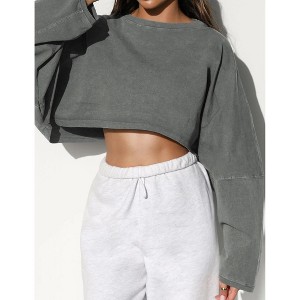 Women's Long Sleeve Tops Cropped Crew Neck Loose Fit Casual Workout Shirts Sweatshirts - 1 of 4