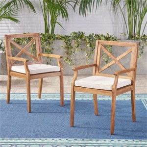 SKRAN Outdoor Acacia Wood Dining Chair, Set of 2 with 2 Polyester Cushions for Backyard, Poolside and Garden (Cream,Teak) - 1 of 4