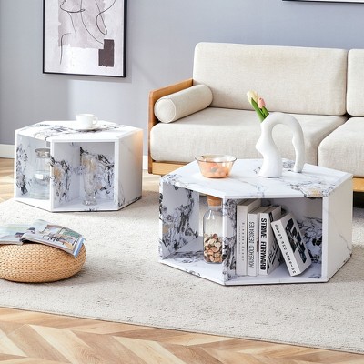 CAVINAS Coffee Tables for Living Room Modern Hexagonal Coffee Table Pattern Stickers Multi-hole Design Tea Table for Dining Room and Bedroom