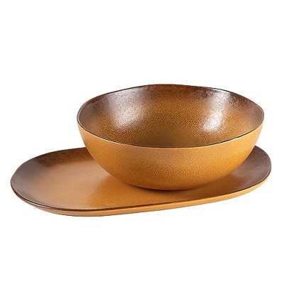 Bloomhouse Palermo Sun 2 Piece Serving Bowl and Oval Platter Stoneware Reactive Glaze Serveware Set - Tumeric Yellow