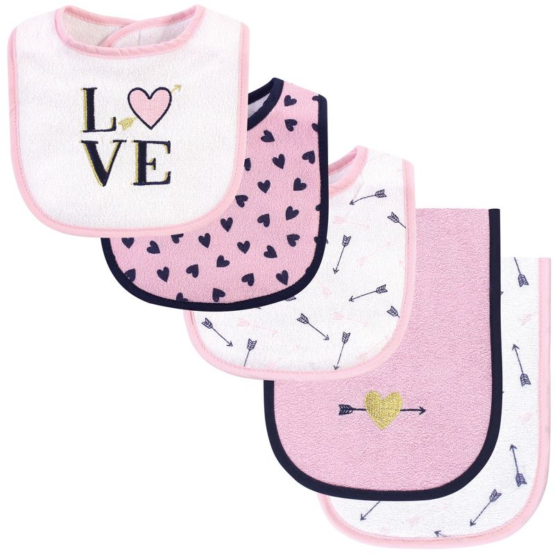 Hudson Baby Infant Girl Cotton Terry Bib and Burp Cloth Set 5pk, Love, One Size, 1 of 8