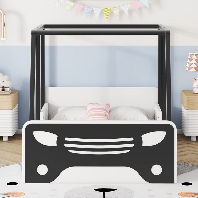 Twin Size Car-shaped Bed With Roof, Wooden Twin Floor Bed With Wheels And Door Design Inspired Bedroom Fun Bed Frames, 1 of 7