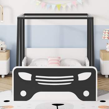 Twin Size Car-shaped Bed With Roof, Wooden Twin Floor Bed With Wheels And Door Design Inspired Bedroom Fun Bed Frames