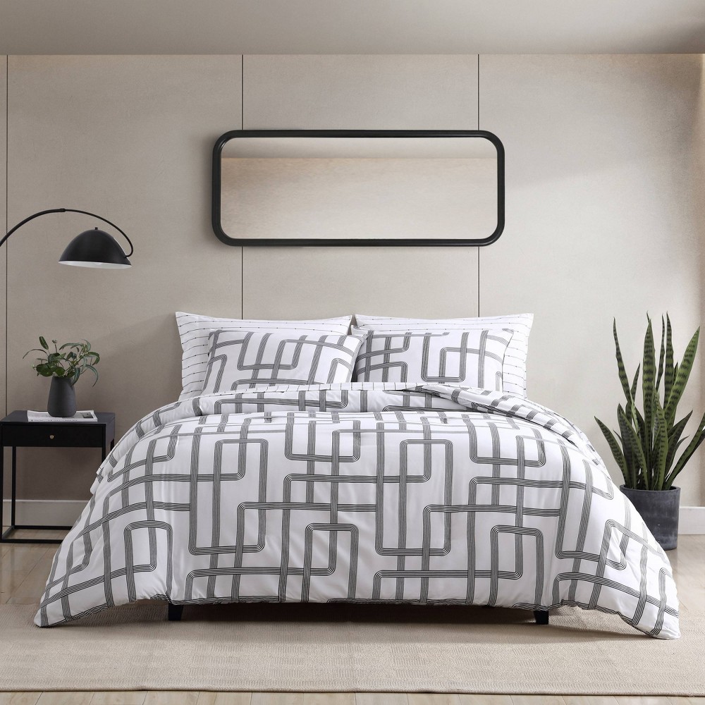 Photos - Bed Linen City Scene 2pc Twin Mainline Microfiber Comforter & Sham Set White: Geometric Pattern, OEKO-TEX Certified