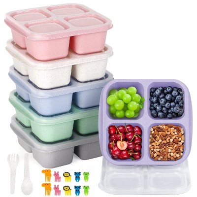 LunaLulinlk Bento Box, Reusable 4 Compartment and Fork Snack Box, Food Storage Lunch Box with Lid, 6 Pack (Wheat)