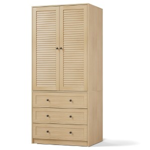69.5" Armoire Wardrobe w/ 3 Drawers & 2 Doors, Modern Wooden Clothing Storage Cabinet w/Hanging Rod for Bedroom - 1 of 4
