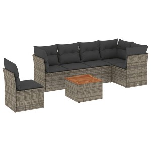 vidaXL 7 Piece Patio Sofa Set with Cushions Gray Poly Rattan - 3x Middle + Table + 3x Corner - 1 of 4