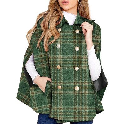 Imily Bela Women's Winter Double-Breasted Plaid Cape Coat - Turn-Down Collar with Pockets