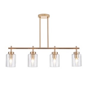 Dewdrop Scandinavian Warm Brass Kitchen Island Light 4 Light Fluted Glass Cylindrical Shades Dual Downrods Suspension ETL - 1 of 4