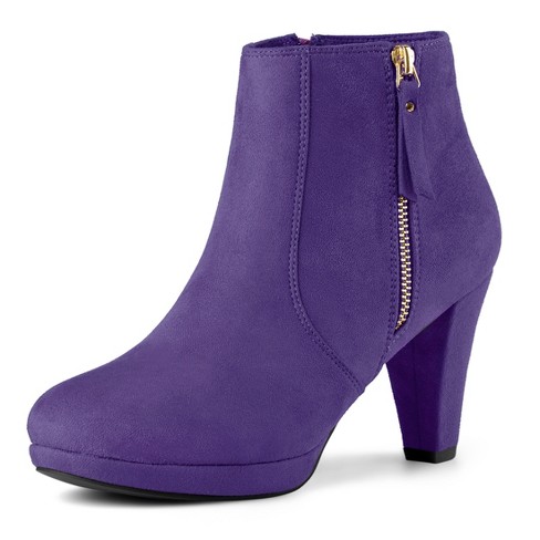 Allegra K Women s Round Toe Side Zip Low Platform Chunky Heel Ankle Booties Purple 8