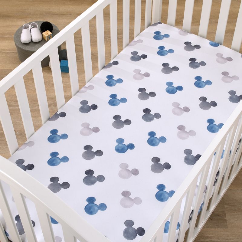 Disney Mickey Mouse - Black, White and Blue Watercolor Mickey Ears Nursery Fitted Mini Crib Sheet, 2 of 6