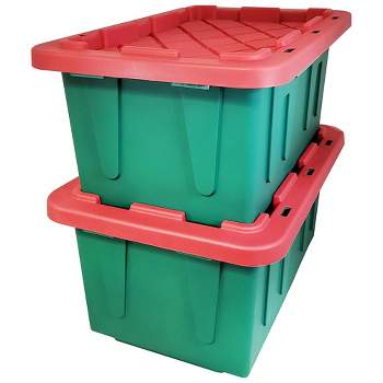HOMZ 4415MXDC.02 Durabilt 15 Gallon Heavy Duty Impact Resistant Stackable Holiday Storage Tote with Snap-Fit Lid, Green/Red (2 Pack)