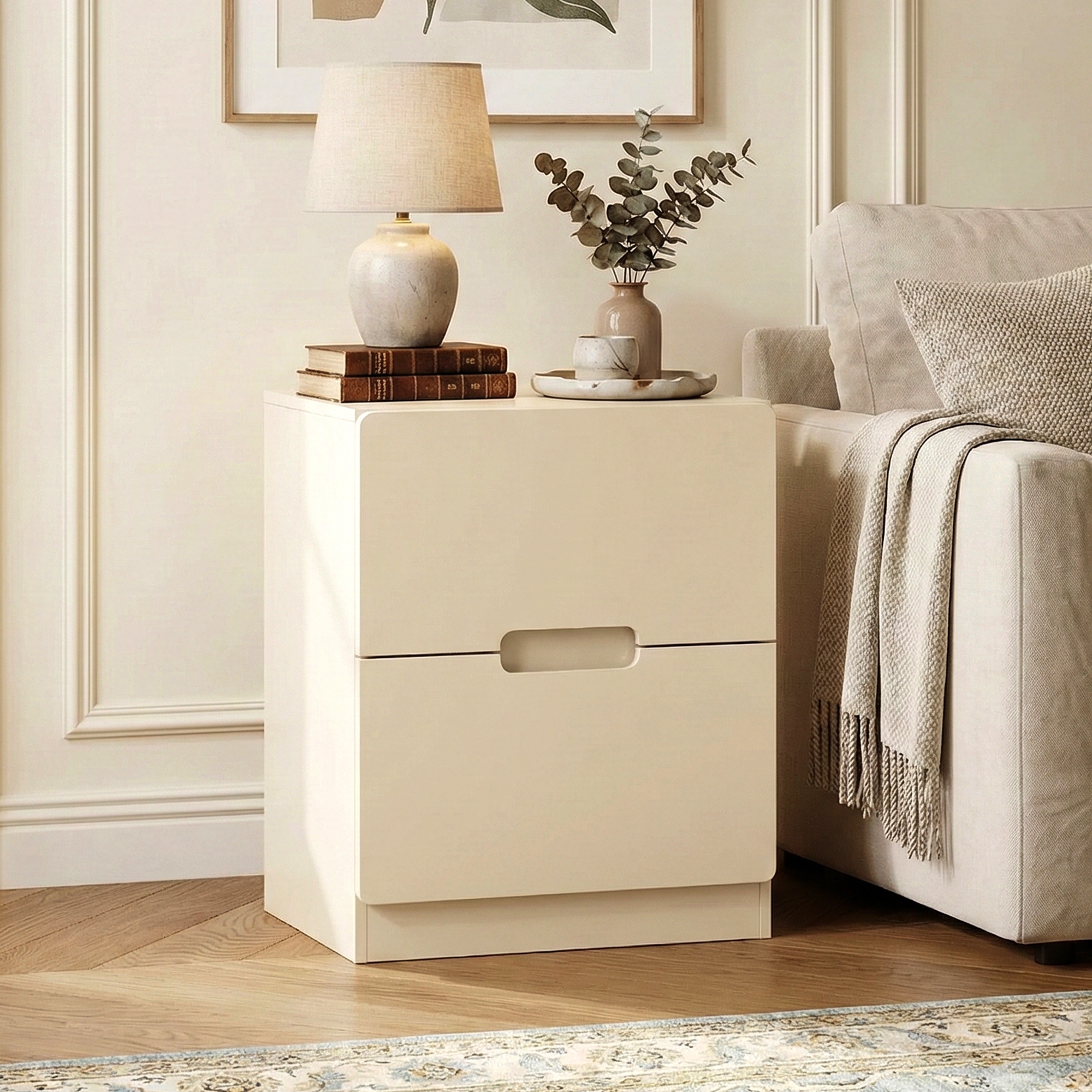 Heynemo Beige Handless Nightstand with 2 Drawers