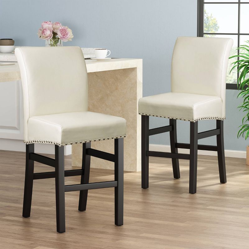 Set of 2 Lisette Leather 25&#34; Counter Height Barstool Ivory - Christopher Knight Home, 1 of 8