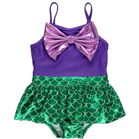 RuffleButts Girls UPF50+ Big Bow Skirted One Piece - Shiny Mermaid Princess, 6