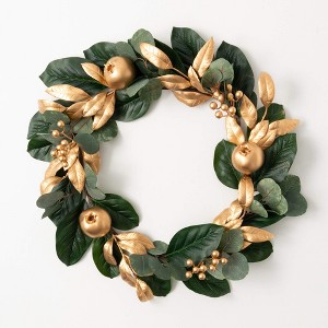 22"H Sullivans Gold Berry Leaf Wreath, Green - 1 of 3