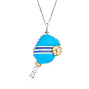 Ross-Simons Blue and White Enamel Pickleball Pendant Necklace in Sterling Silver and 18kt Gold Over Sterling Size 18 - 1 of 3