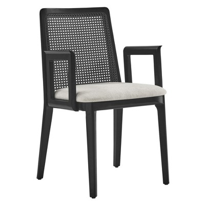 Modway Monarch Dining Armchair – Wood Dining Accent Chair with Cane Back and Upholstered Seat in Black/Ivory