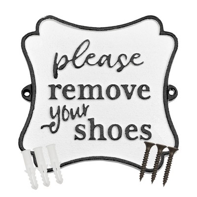AuldHome Design Please Remove Your Shoes Black and White Cast Iron Sign: Rustic Farmhouse Metal Plaque
